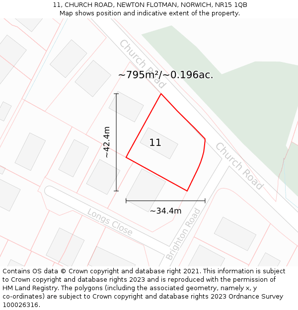 11, CHURCH ROAD, NEWTON FLOTMAN, NORWICH, NR15 1QB: Plot and title map