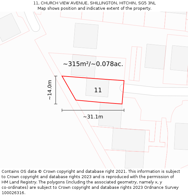 11, CHURCH VIEW AVENUE, SHILLINGTON, HITCHIN, SG5 3NL: Plot and title map