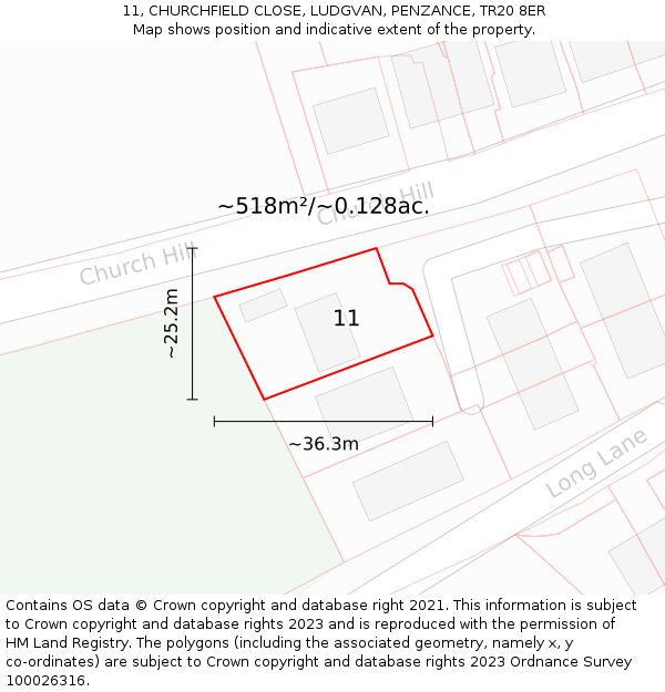 11, CHURCHFIELD CLOSE, LUDGVAN, PENZANCE, TR20 8ER: Plot and title map