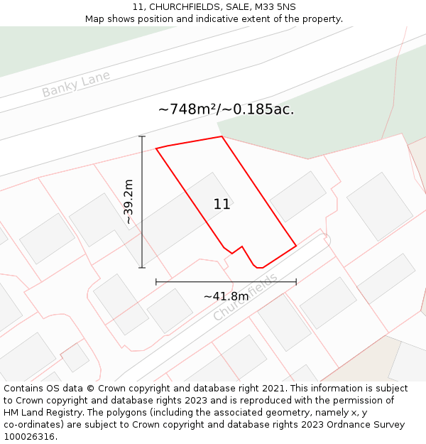 11, CHURCHFIELDS, SALE, M33 5NS: Plot and title map