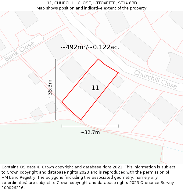 11, CHURCHILL CLOSE, UTTOXETER, ST14 8BB: Plot and title map