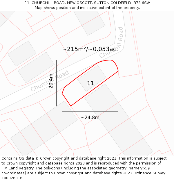 11, CHURCHILL ROAD, NEW OSCOTT, SUTTON COLDFIELD, B73 6SW: Plot and title map