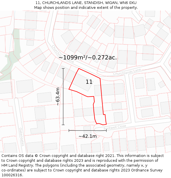 11, CHURCHLANDS LANE, STANDISH, WIGAN, WN6 0XU: Plot and title map