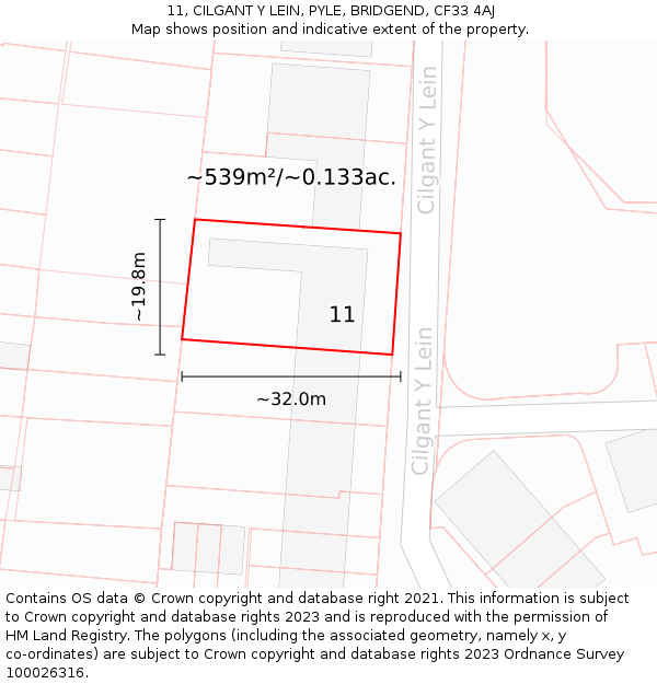 11, CILGANT Y LEIN, PYLE, BRIDGEND, CF33 4AJ: Plot and title map