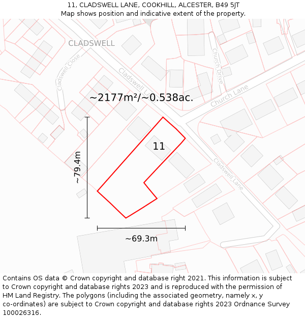 11, CLADSWELL LANE, COOKHILL, ALCESTER, B49 5JT: Plot and title map