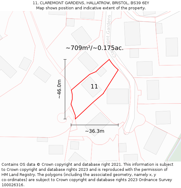 11, CLAREMONT GARDENS, HALLATROW, BRISTOL, BS39 6EY: Plot and title map