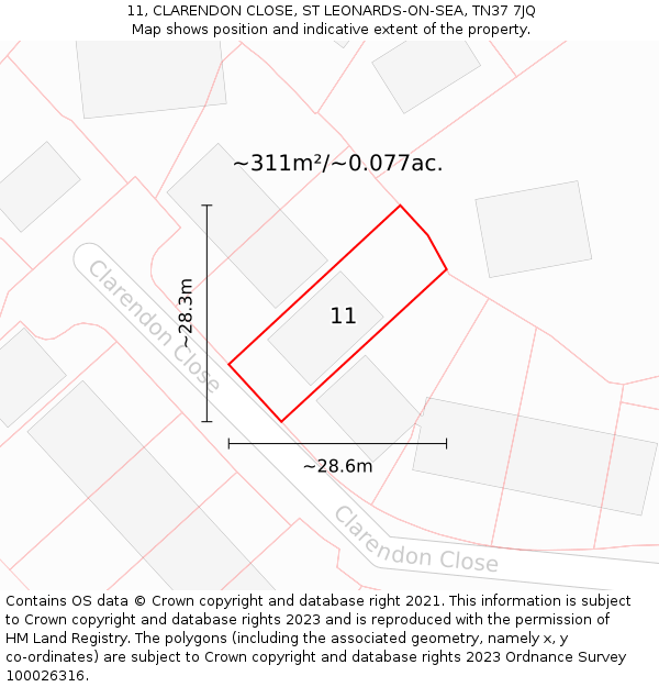 11, CLARENDON CLOSE, ST LEONARDS-ON-SEA, TN37 7JQ: Plot and title map