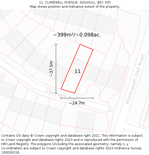 11, CLAREWELL AVENUE, SOLIHULL, B91 3YD: Plot and title map