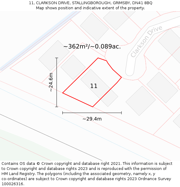 11, CLARKSON DRIVE, STALLINGBOROUGH, GRIMSBY, DN41 8BQ: Plot and title map