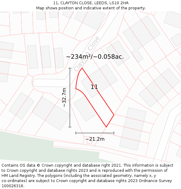 11, CLAYTON CLOSE, LEEDS, LS10 2HA: Plot and title map