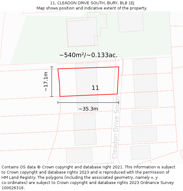 11, CLEADON DRIVE SOUTH, BURY, BL8 1EJ: Plot and title map