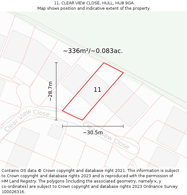 11, CLEAR VIEW CLOSE, HULL, HU8 9GA: Plot and title map