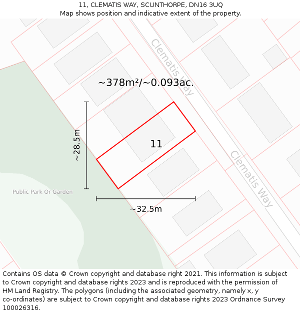 11, CLEMATIS WAY, SCUNTHORPE, DN16 3UQ: Plot and title map