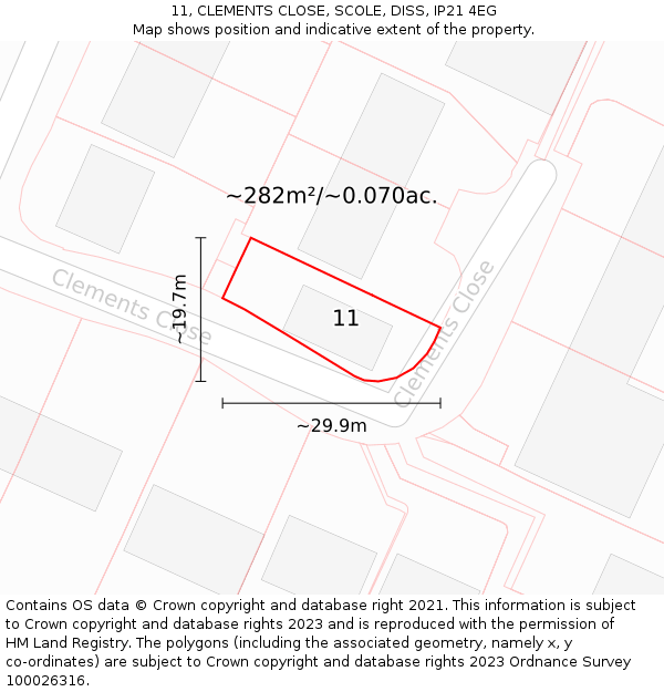 11, CLEMENTS CLOSE, SCOLE, DISS, IP21 4EG: Plot and title map