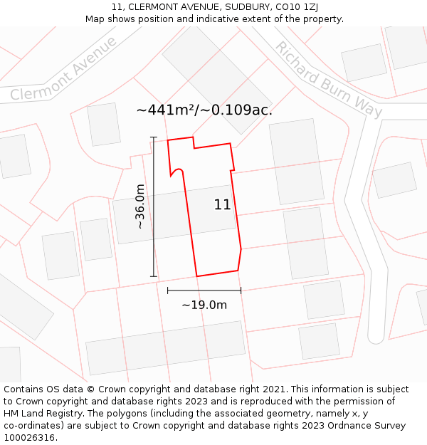11, CLERMONT AVENUE, SUDBURY, CO10 1ZJ: Plot and title map
