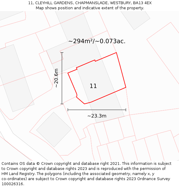 11, CLEYHILL GARDENS, CHAPMANSLADE, WESTBURY, BA13 4EX: Plot and title map