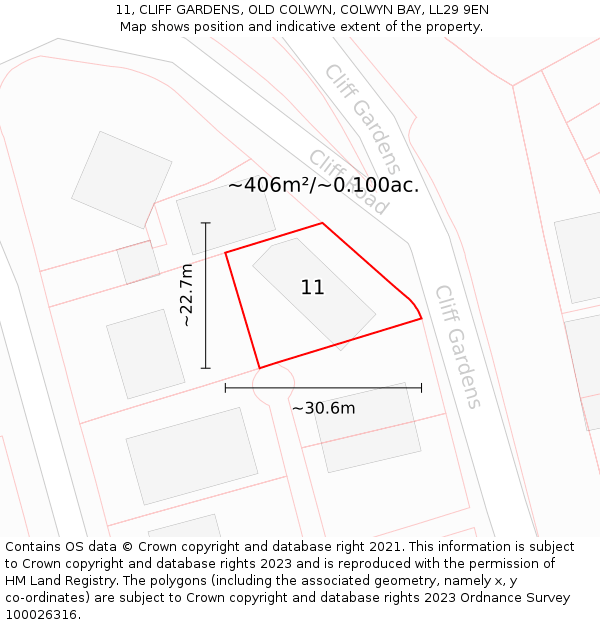 11, CLIFF GARDENS, OLD COLWYN, COLWYN BAY, LL29 9EN: Plot and title map