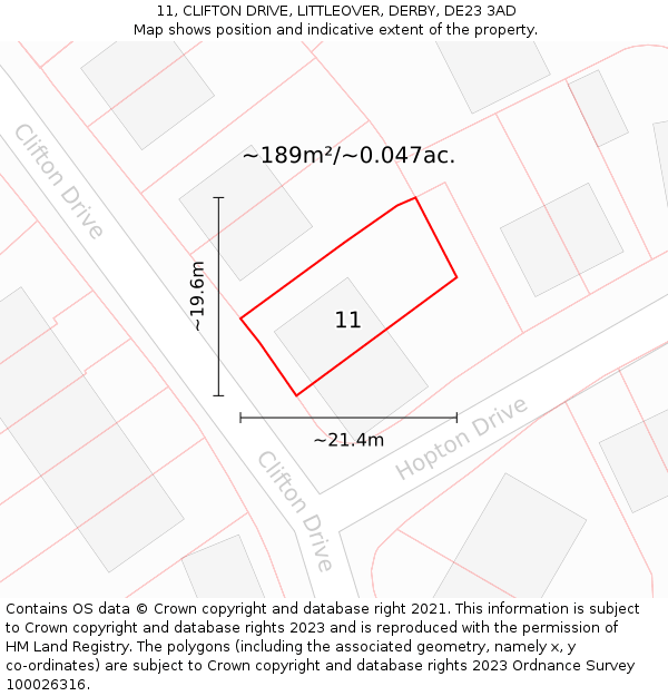11, CLIFTON DRIVE, LITTLEOVER, DERBY, DE23 3AD: Plot and title map