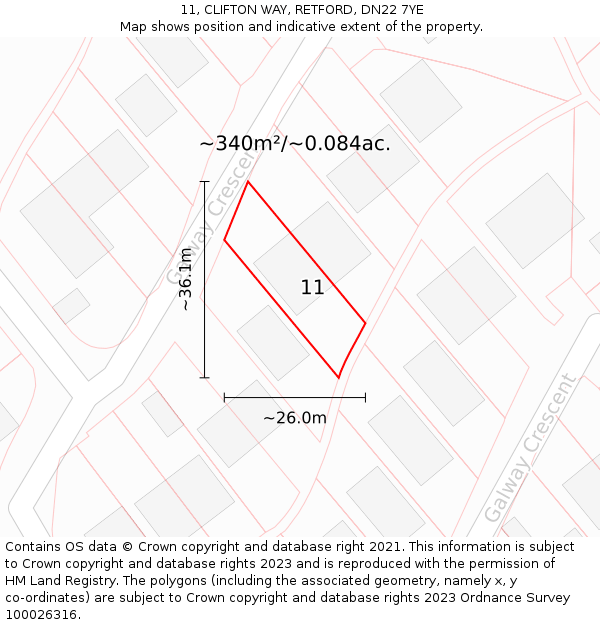 11, CLIFTON WAY, RETFORD, DN22 7YE: Plot and title map