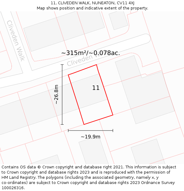 11, CLIVEDEN WALK, NUNEATON, CV11 4XJ: Plot and title map