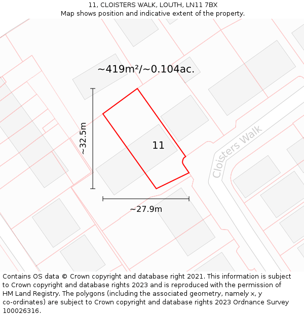 11, CLOISTERS WALK, LOUTH, LN11 7BX: Plot and title map