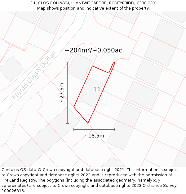 11, CLOS COLLWYN, LLANTWIT FARDRE, PONTYPRIDD, CF38 2DX: Plot and title map