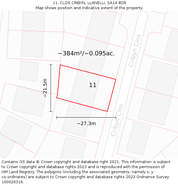 11, CLOS CRIBYN, LLANELLI, SA14 8DR: Plot and title map