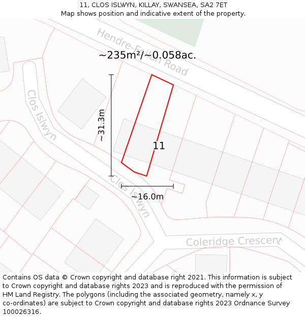 11, CLOS ISLWYN, KILLAY, SWANSEA, SA2 7ET: Plot and title map