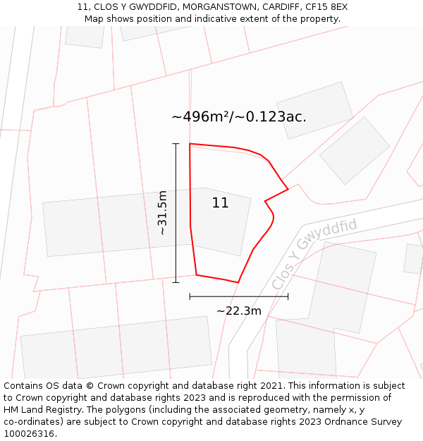 11, CLOS Y GWYDDFID, MORGANSTOWN, CARDIFF, CF15 8EX: Plot and title map