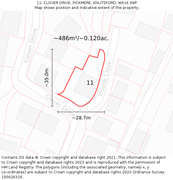 11, CLOVER DRIVE, PICKMERE, KNUTSFORD, WA16 0WF: Plot and title map