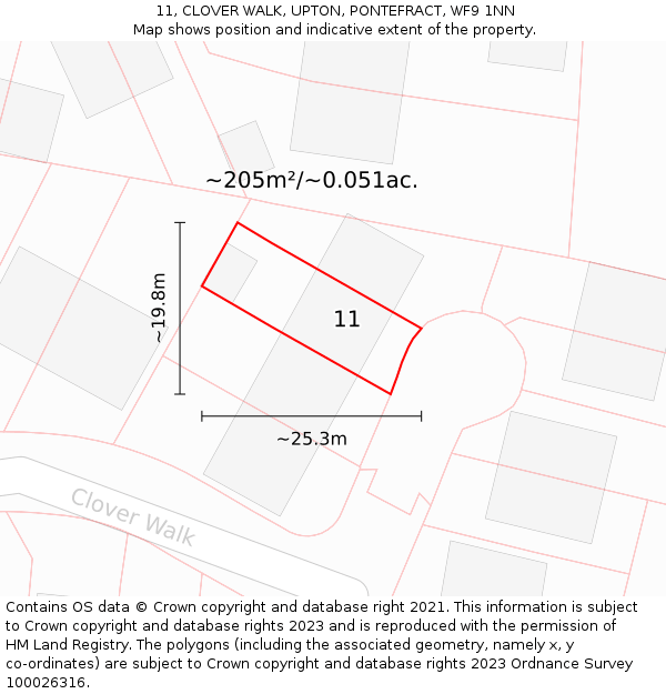 11, CLOVER WALK, UPTON, PONTEFRACT, WF9 1NN: Plot and title map