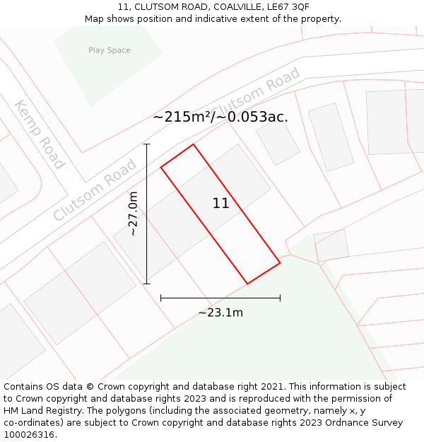 11, CLUTSOM ROAD, COALVILLE, LE67 3QF: Plot and title map