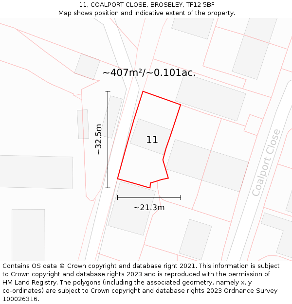 11, COALPORT CLOSE, BROSELEY, TF12 5BF: Plot and title map
