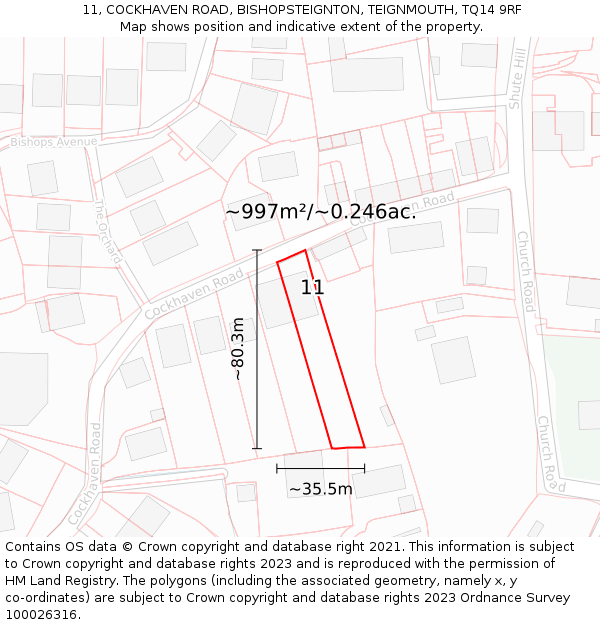 11, COCKHAVEN ROAD, BISHOPSTEIGNTON, TEIGNMOUTH, TQ14 9RF: Plot and title map