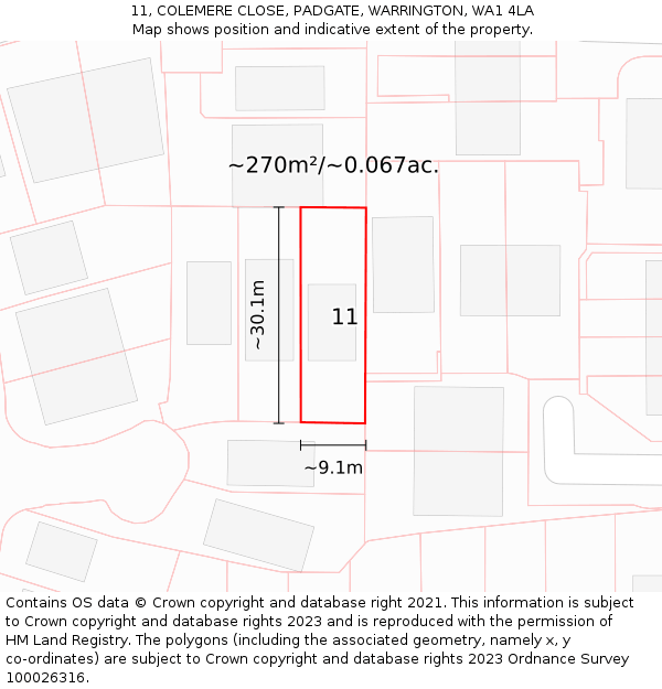 11, COLEMERE CLOSE, PADGATE, WARRINGTON, WA1 4LA: Plot and title map