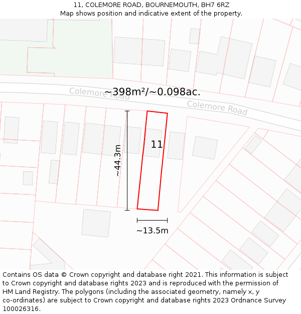 11, COLEMORE ROAD, BOURNEMOUTH, BH7 6RZ: Plot and title map