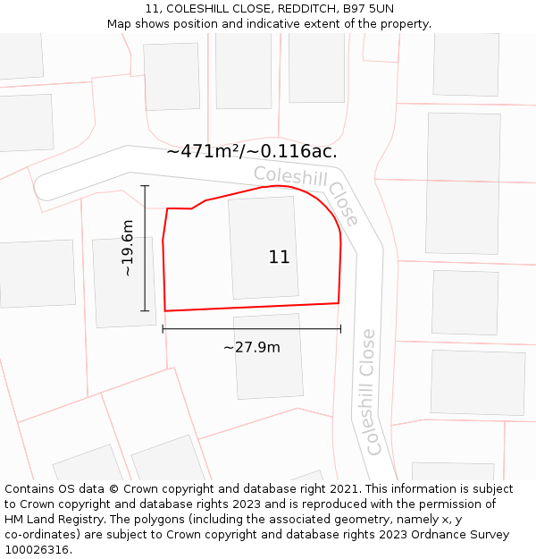 11, COLESHILL CLOSE, REDDITCH, B97 5UN: Plot and title map