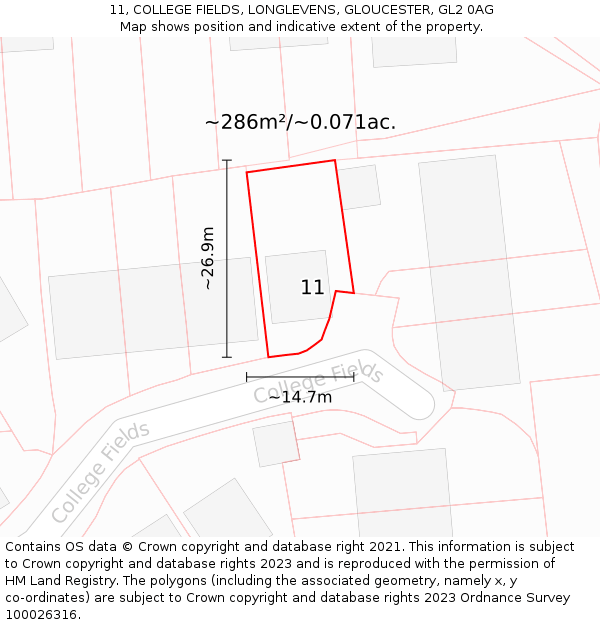 11, COLLEGE FIELDS, LONGLEVENS, GLOUCESTER, GL2 0AG: Plot and title map