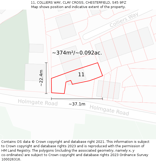 11, COLLIERS WAY, CLAY CROSS, CHESTERFIELD, S45 9PZ: Plot and title map