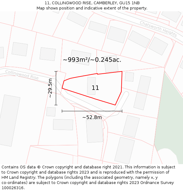 11, COLLINGWOOD RISE, CAMBERLEY, GU15 1NB: Plot and title map