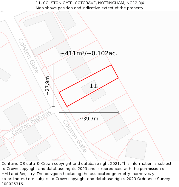 11, COLSTON GATE, COTGRAVE, NOTTINGHAM, NG12 3JX: Plot and title map