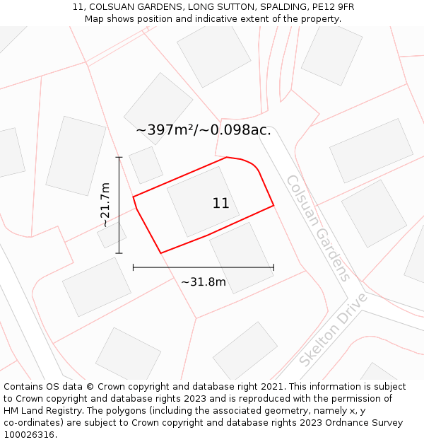 11, COLSUAN GARDENS, LONG SUTTON, SPALDING, PE12 9FR: Plot and title map