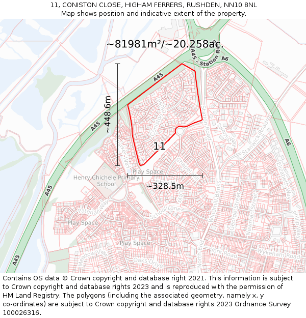 11, CONISTON CLOSE, HIGHAM FERRERS, RUSHDEN, NN10 8NL: Plot and title map