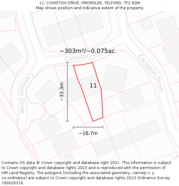 11, CONISTON DRIVE, PRIORSLEE, TELFORD, TF2 9QW: Plot and title map