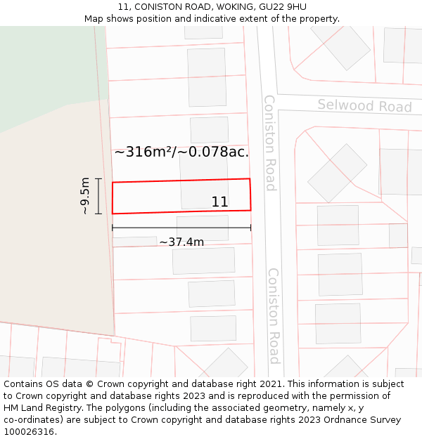 11, CONISTON ROAD, WOKING, GU22 9HU: Plot and title map