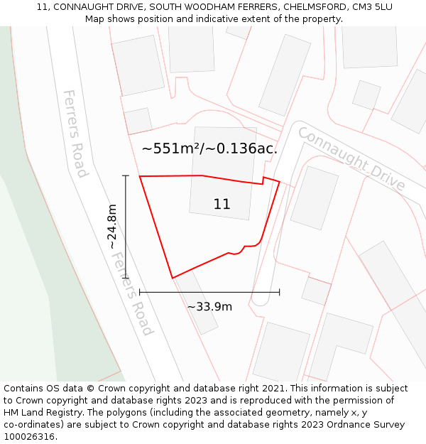 11, CONNAUGHT DRIVE, SOUTH WOODHAM FERRERS, CHELMSFORD, CM3 5LU: Plot and title map