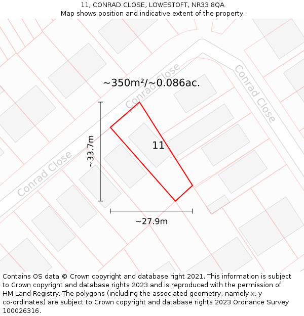 11, CONRAD CLOSE, LOWESTOFT, NR33 8QA: Plot and title map
