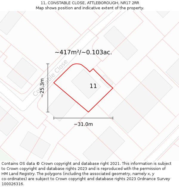 11, CONSTABLE CLOSE, ATTLEBOROUGH, NR17 2RR: Plot and title map