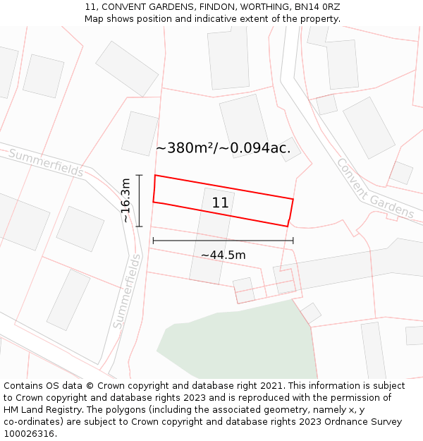 11, CONVENT GARDENS, FINDON, WORTHING, BN14 0RZ: Plot and title map