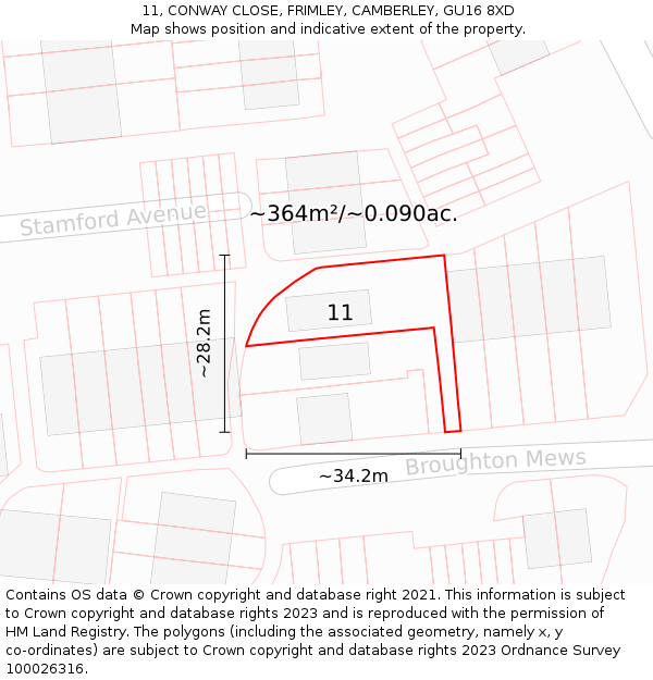 11, CONWAY CLOSE, FRIMLEY, CAMBERLEY, GU16 8XD: Plot and title map